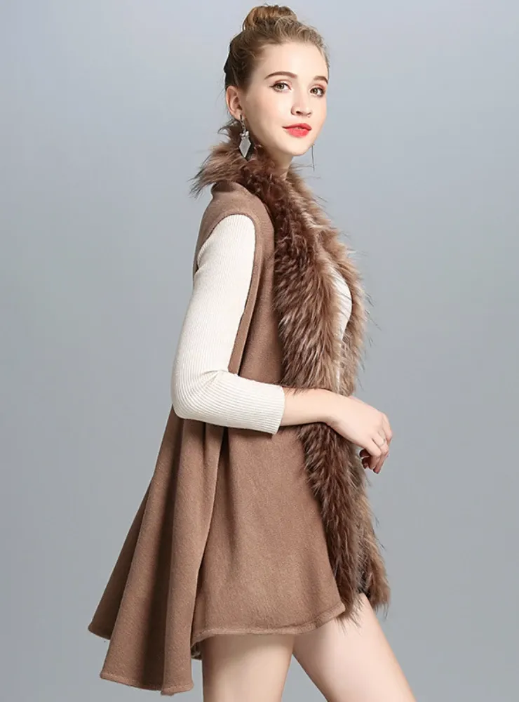 WOMEN'S IMITATE FOX FUR COLLAR KNITTED CARDIGAN VESTS