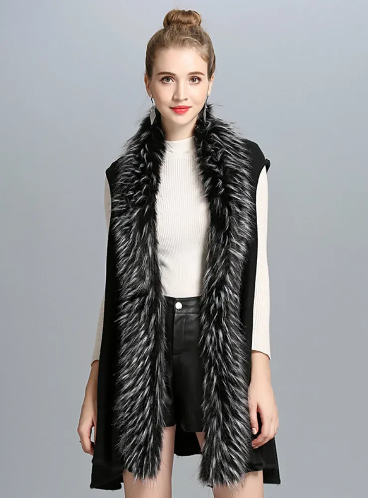 WOMEN'S IMITATE FOX FUR COLLAR KNITTED CARDIGAN VESTS