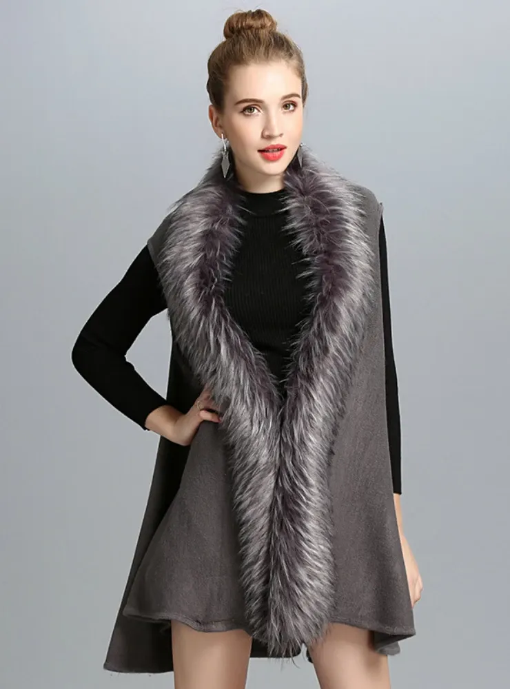 WOMEN'S IMITATE FOX FUR COLLAR KNITTED CARDIGAN VESTS