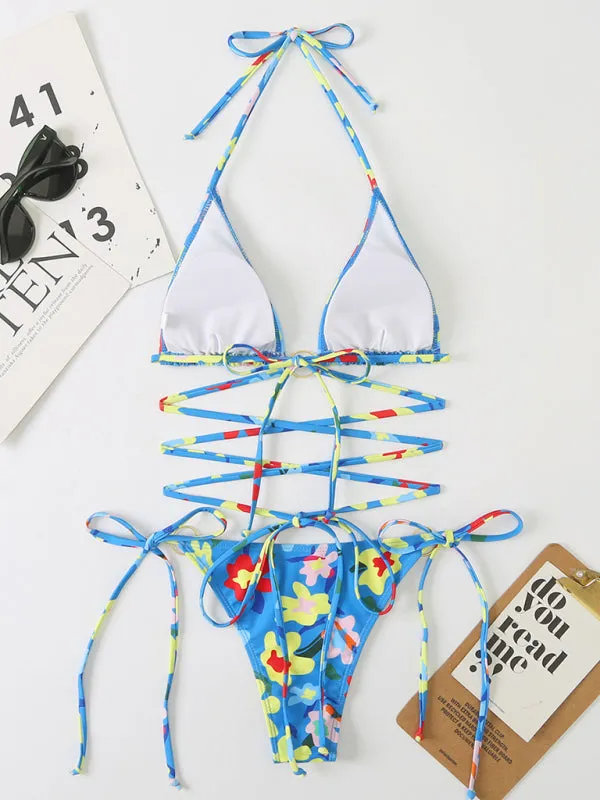 Women's New Bikini Floral Print Beach Strap Swimsuit