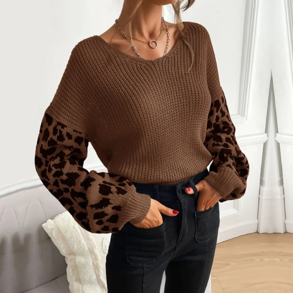 Women's V-Neck Sweater with Leopard Print Sleeves