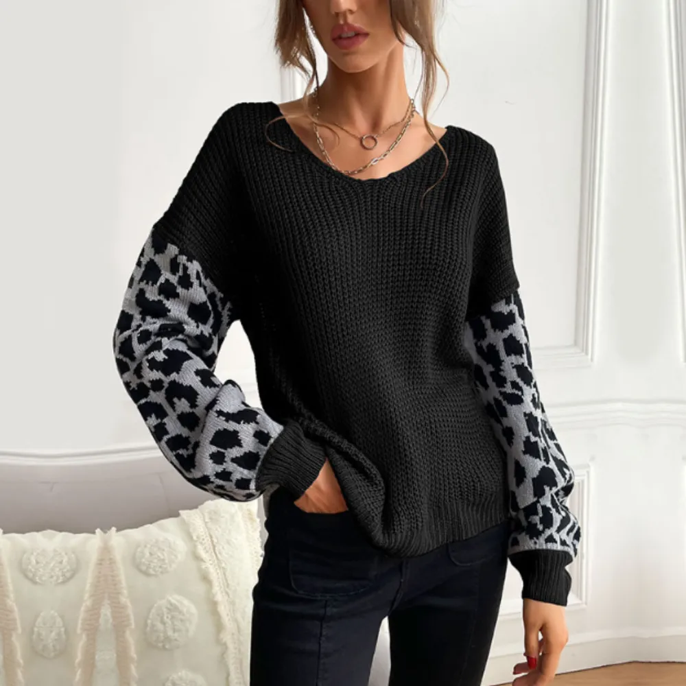 Women's V-Neck Sweater with Leopard Print Sleeves