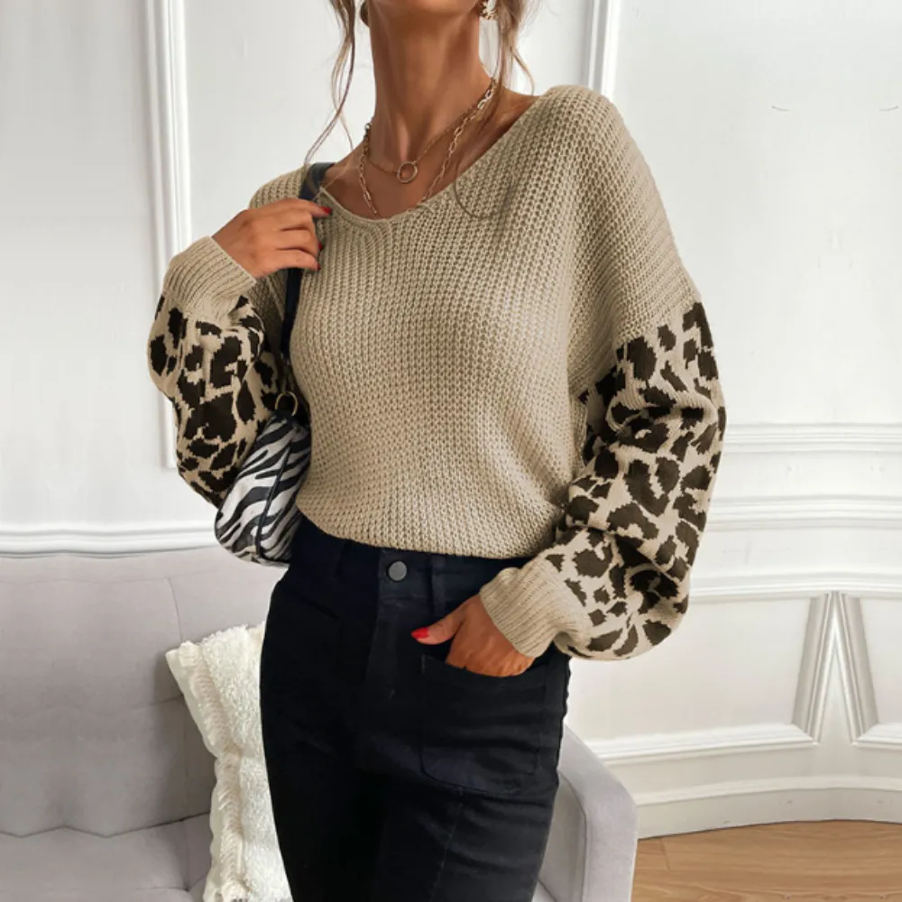 Women's V-Neck Sweater with Leopard Print Sleeves