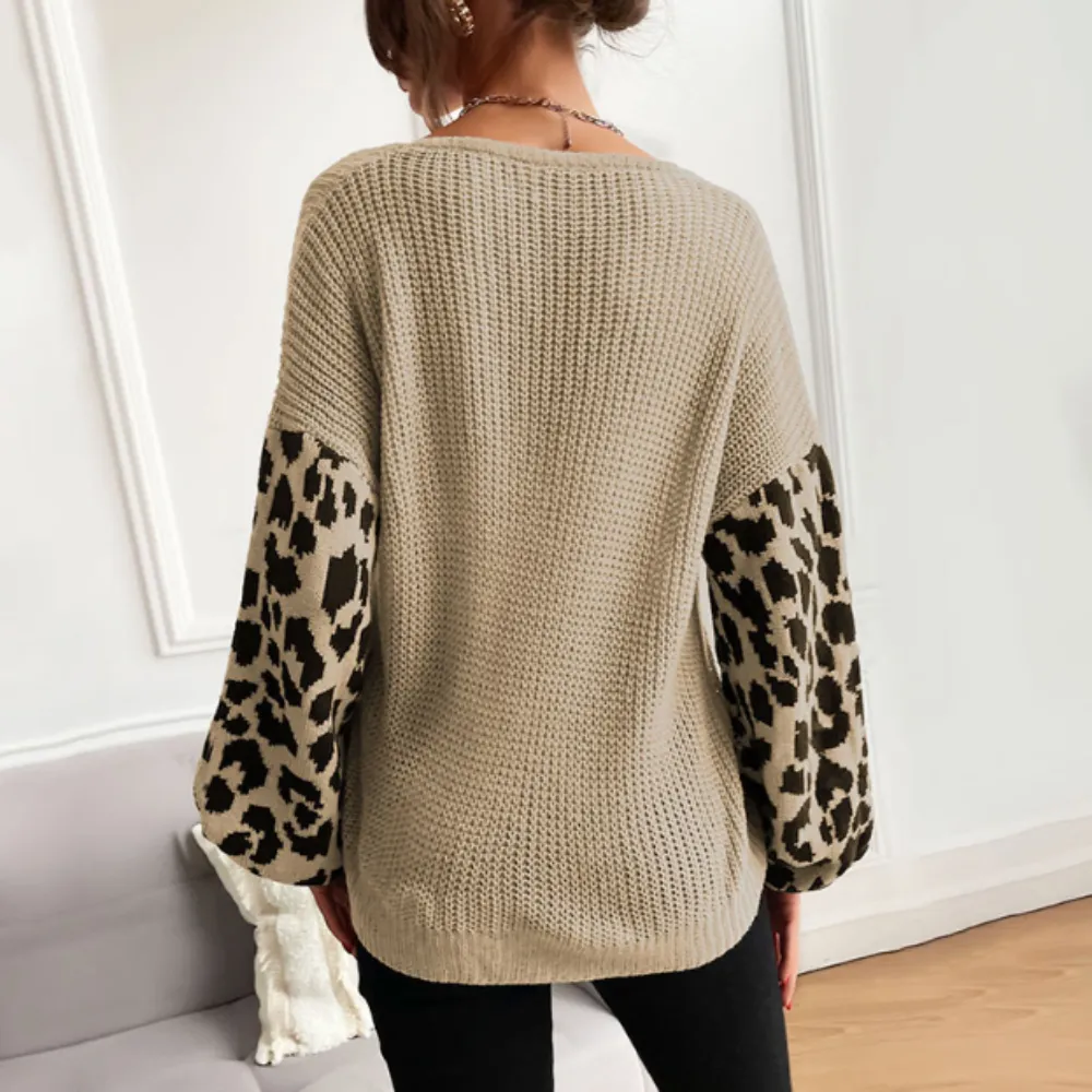 Women's V-Neck Sweater with Leopard Print Sleeves