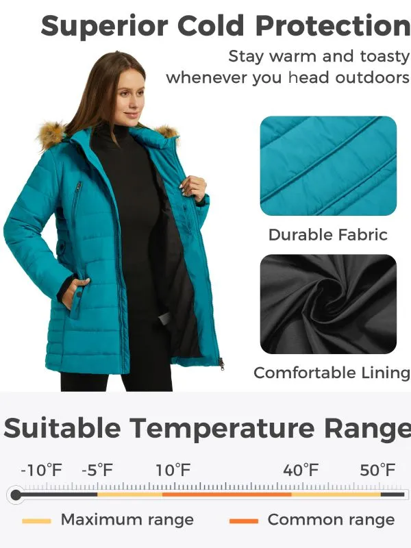 Womens Winter Coat Warm Puffer Jacket With Faux Fur Hood