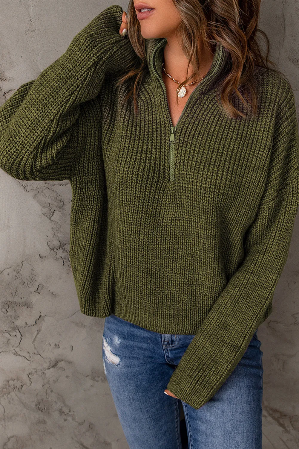 Woven Right Half Zip Rib-Knit Dropped Shoulder Sweater