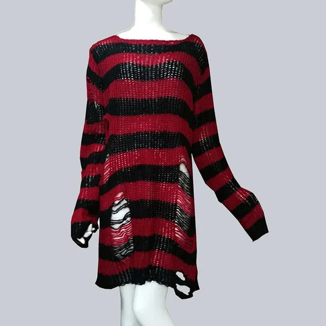 Yeknu Plus Size Punk Gothic Long Unisex Sweater Dress Cool Hollow Out Hole Broken Jumper Loose Rock Thin Sweter Women Man Striped