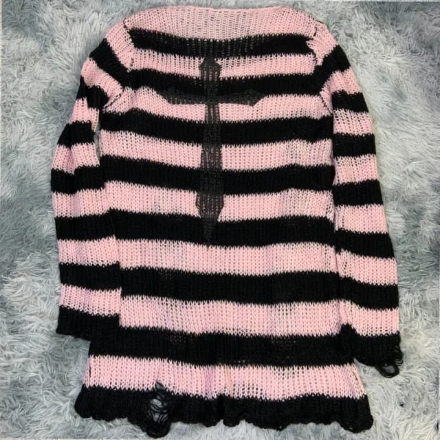 Yeknu Plus Size Punk Gothic Long Unisex Sweater Dress Cool Hollow Out Hole Broken Jumper Loose Rock Thin Sweter Women Man Striped