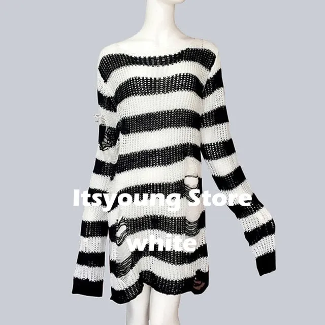 Yeknu Plus Size Punk Gothic Long Unisex Sweater Dress Cool Hollow Out Hole Broken Jumper Loose Rock Thin Sweter Women Man Striped