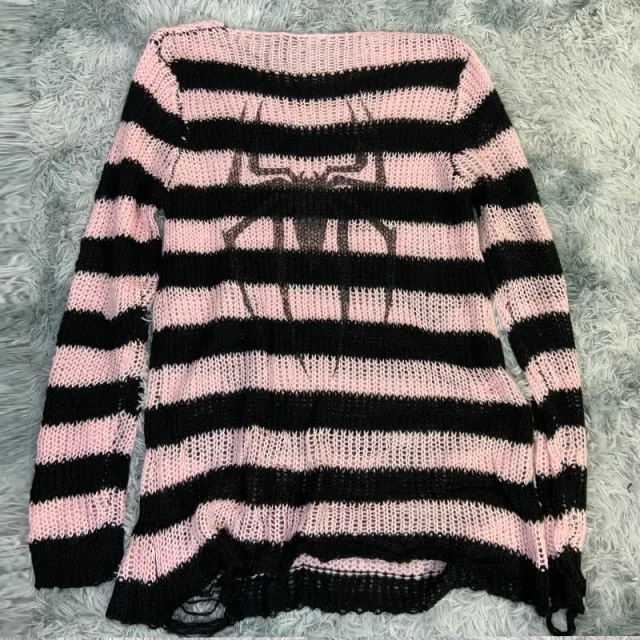 Yeknu Plus Size Punk Gothic Long Unisex Sweater Dress Cool Hollow Out Hole Broken Jumper Loose Rock Thin Sweter Women Man Striped