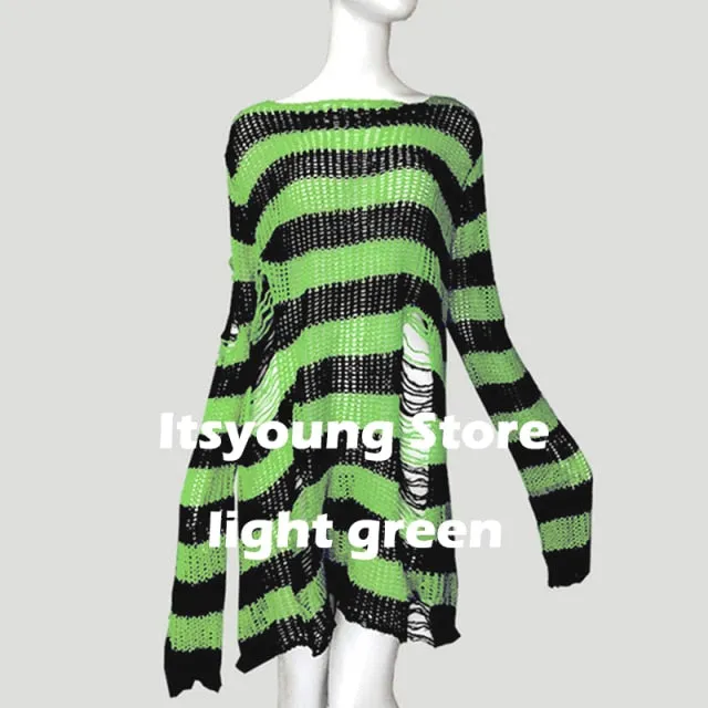 Yeknu Plus Size Punk Gothic Long Unisex Sweater Dress Cool Hollow Out Hole Broken Jumper Loose Rock Thin Sweter Women Man Striped