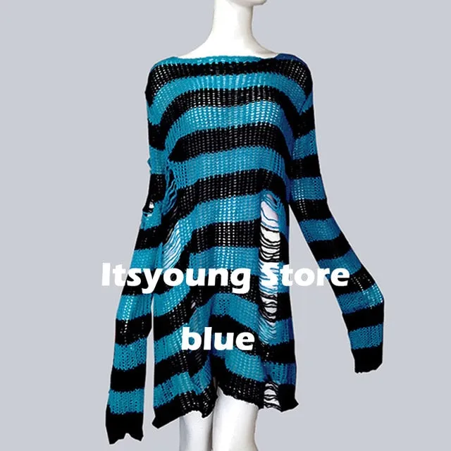 Yeknu Plus Size Punk Gothic Long Unisex Sweater Dress Cool Hollow Out Hole Broken Jumper Loose Rock Thin Sweter Women Man Striped